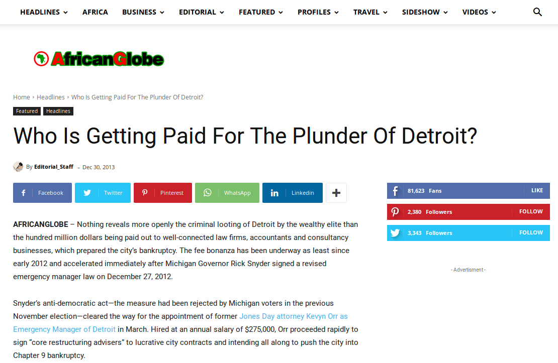 AfricanGlobe.net article exposing Conflict of Interest by Crooked lawyers of Jones Day greedily consuming the funds of Detroit