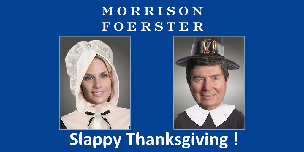 MoFo lawyers #JenniferMarines & #JamesPeck are teamed for Thanksgiving as Pilgrims
